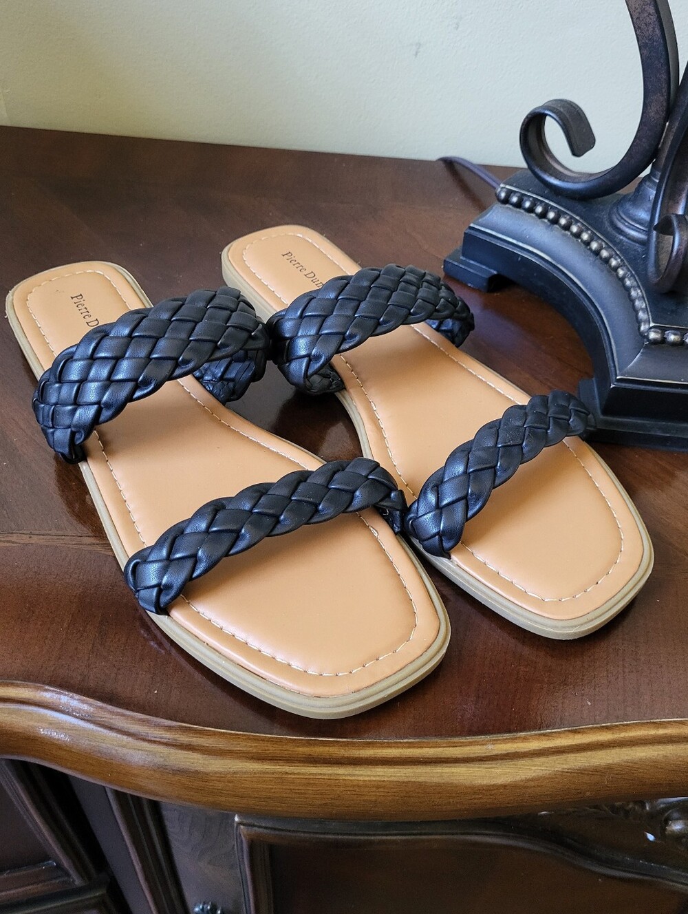 Pierre Dumas Black Braided Double-strap Slide Sandals